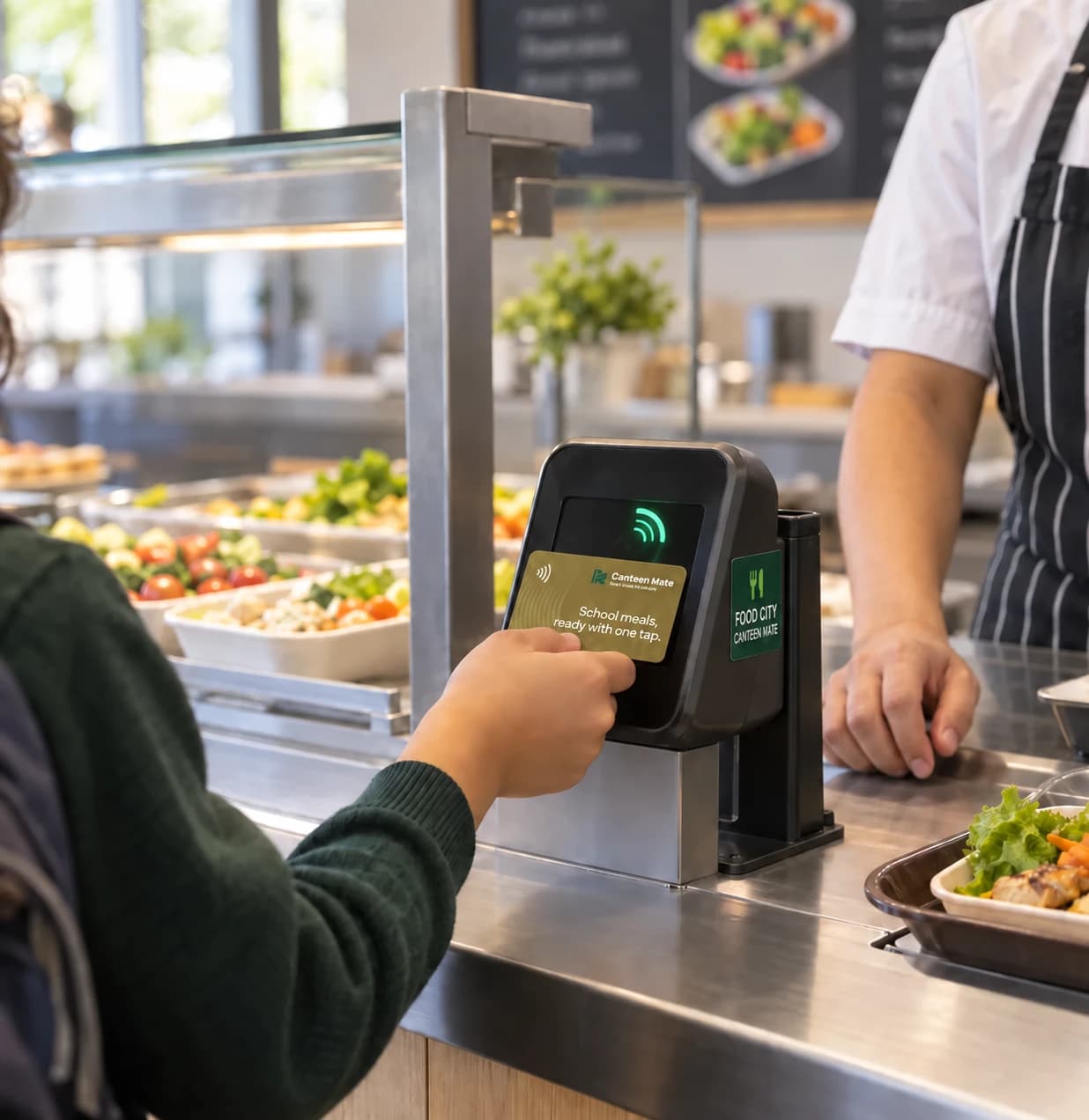 A student tapping a meal card on the card reader at the school canteen counter