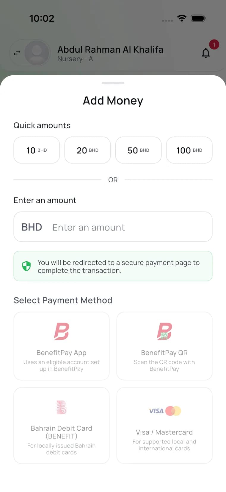 The CanteenMate add money screen, with quick top-up amounts and the payment methods listed below