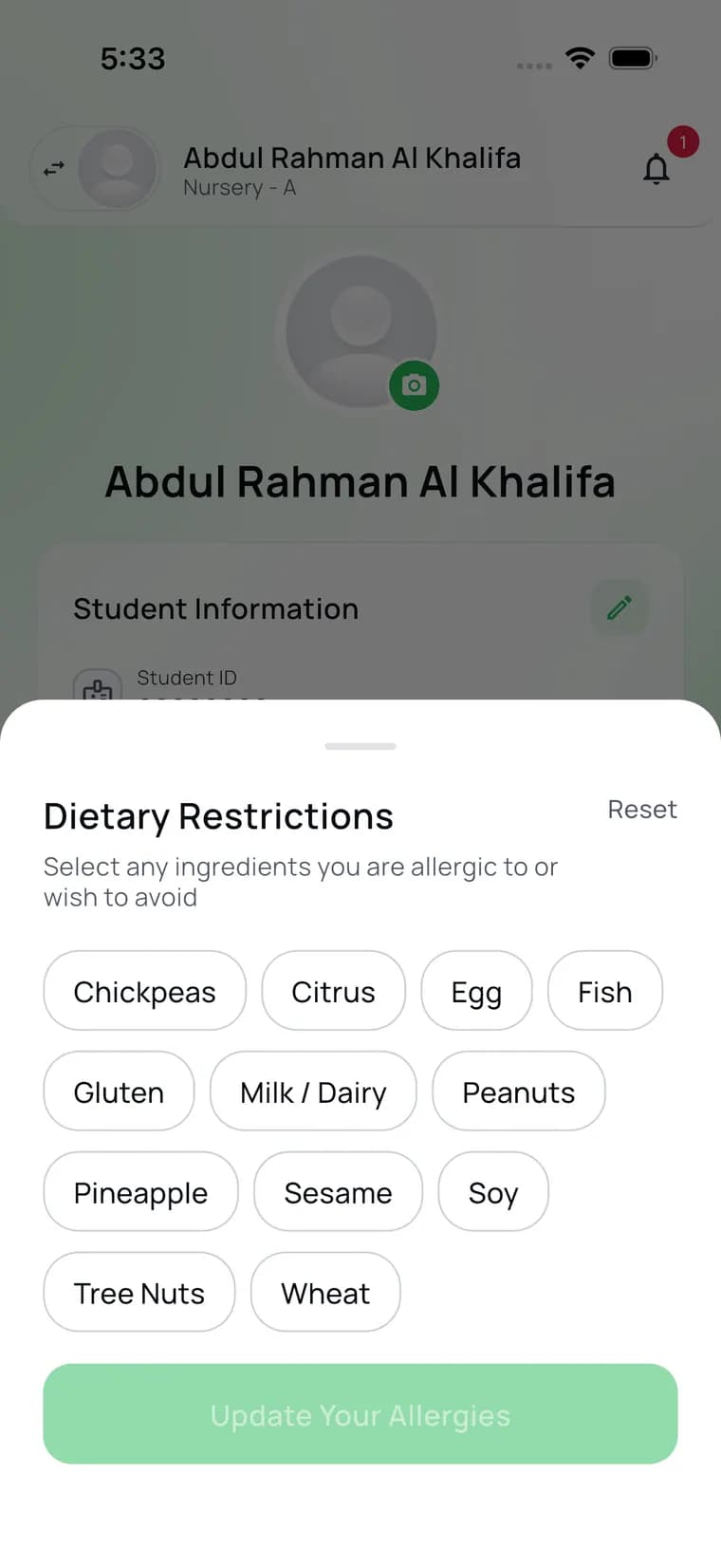 The CanteenMate dietary restrictions screen, listing the twelve allergens a guardian can flag