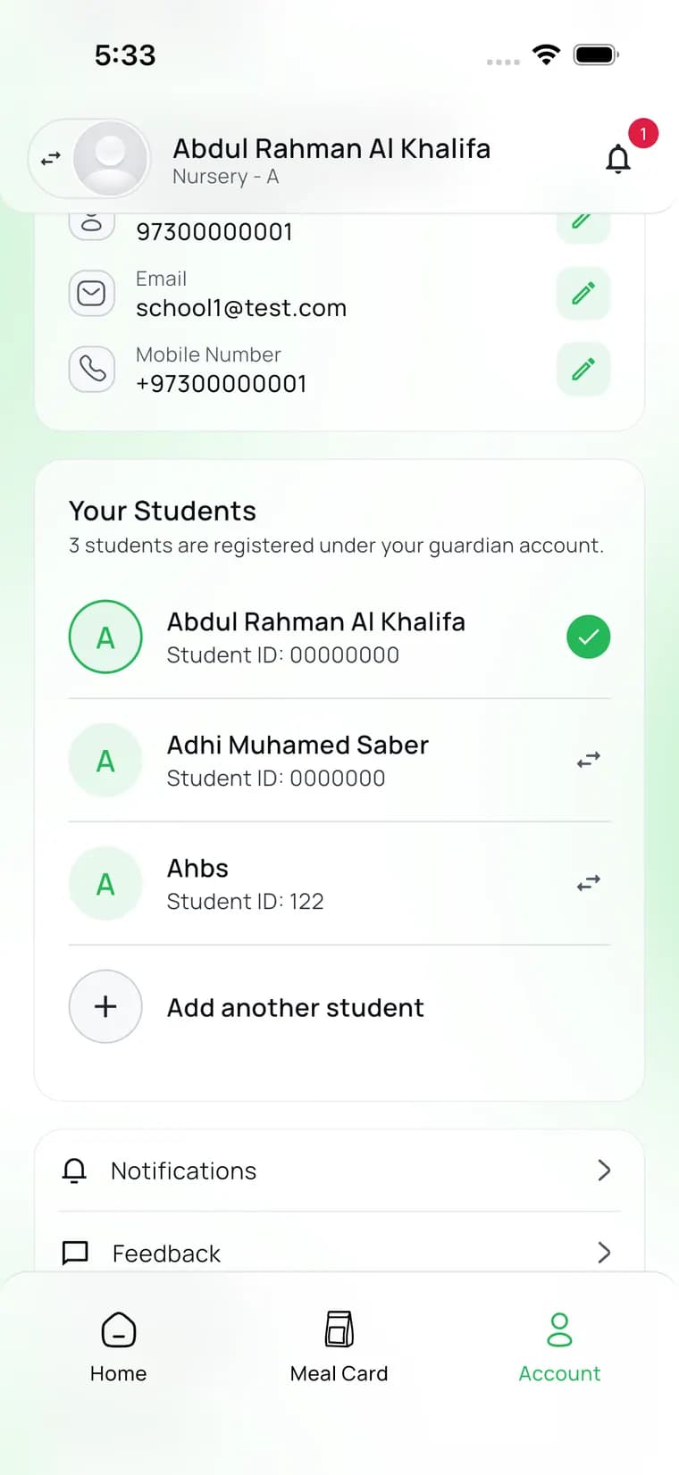 The CanteenMate students screen, listing the children held under one guardian account